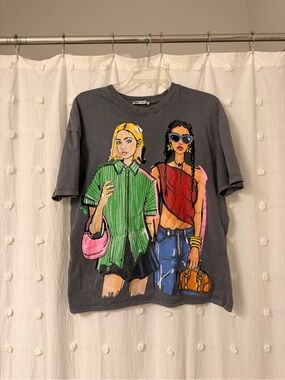 Zara Charcoal Short-Sleeve Tee with Green, Red & Pink Graphic